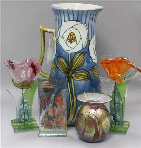 A Minton Secessionist wash jug, pattern no. 19, tubelined with stylised flowers (faults) and four decorative glass items